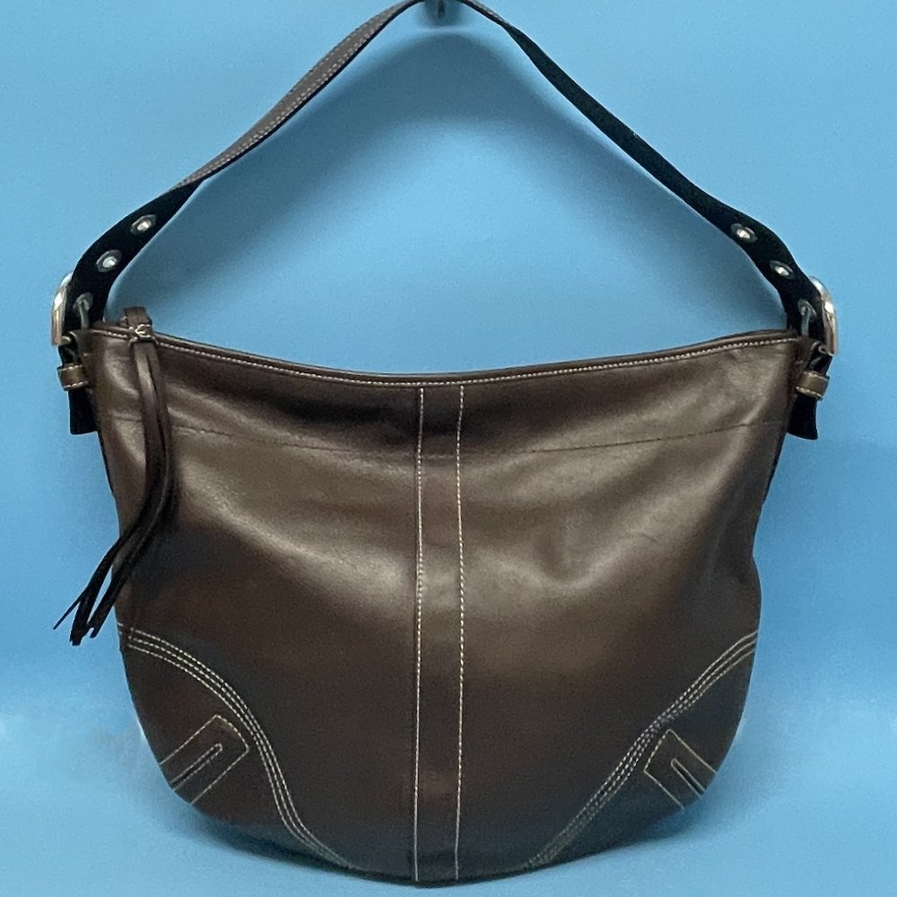 COACH Handbag Brown Leather 8A03 Silver Accents Stitching **EUC** TERRIFIC BAG!!